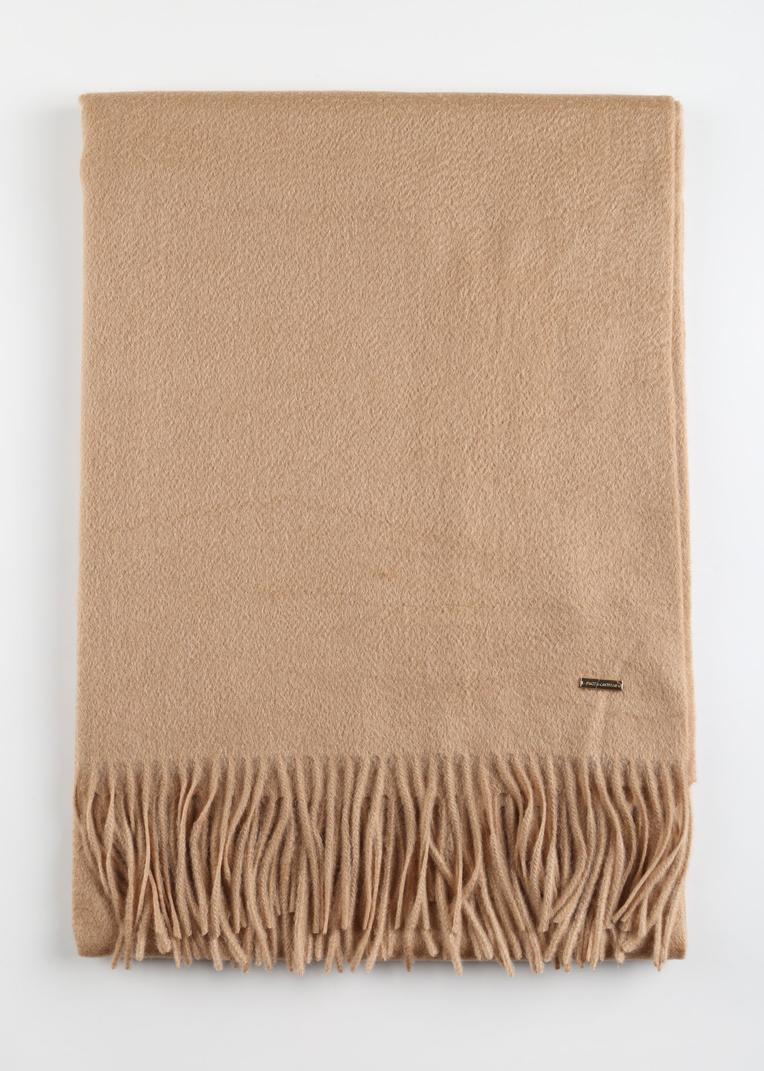 Camel Cashmere shawl with fringes.