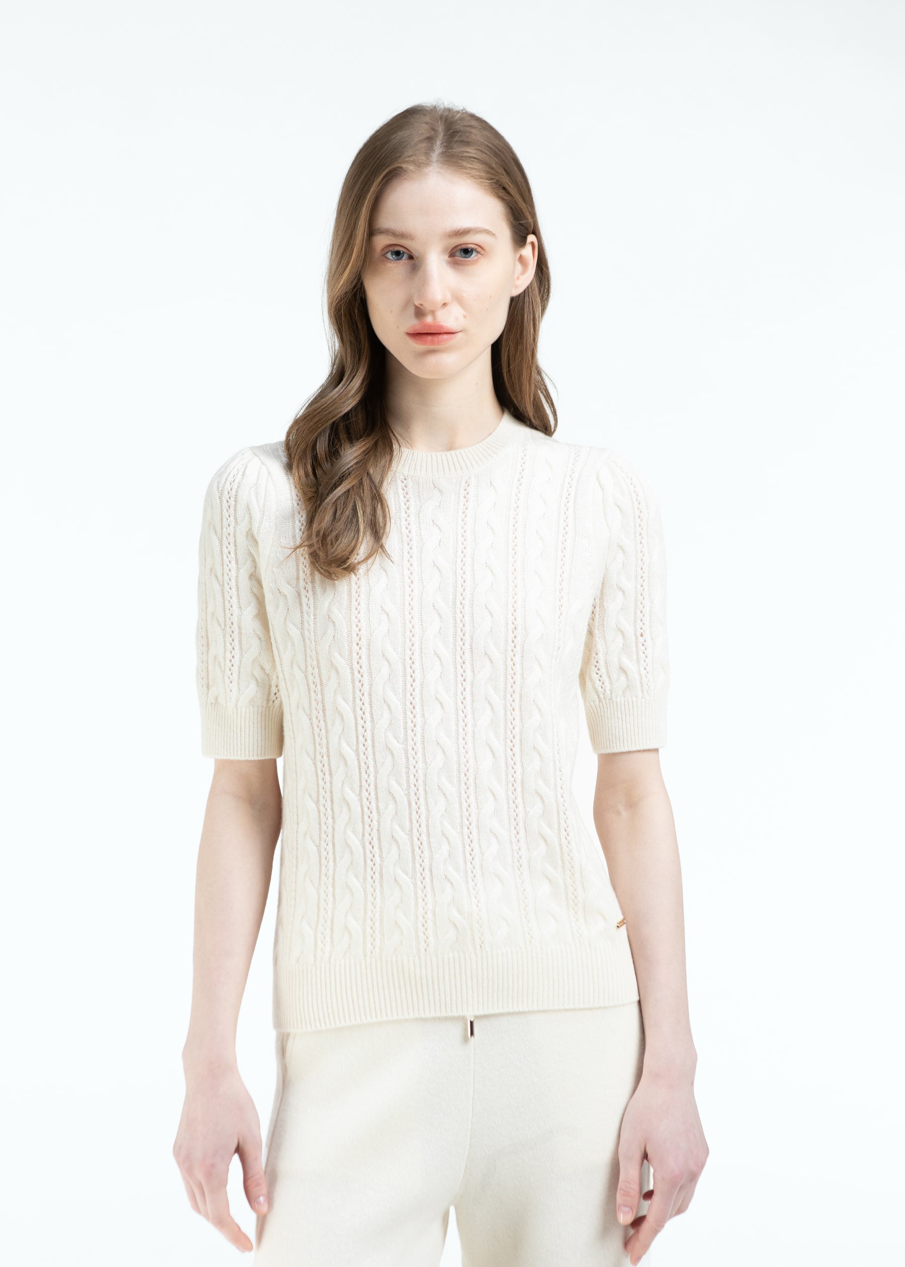 Elisa Cable Knit Cashmere Jumper with Short Sleeves