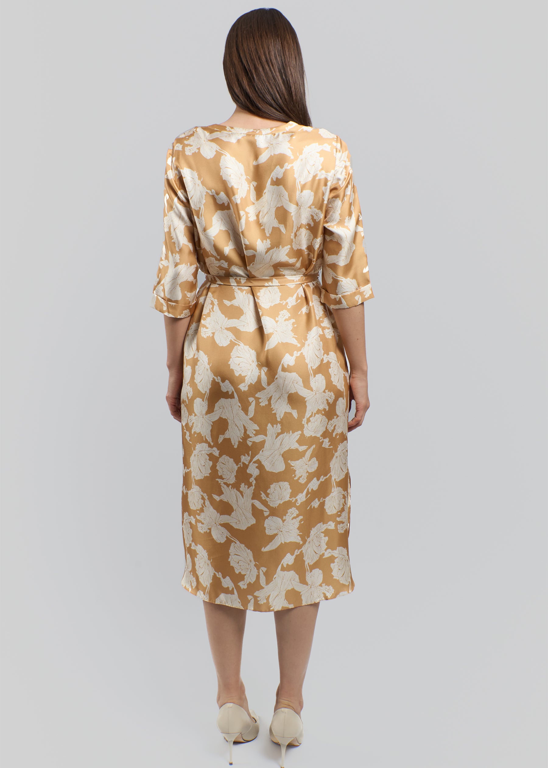 Giallo Flora Silk Dress With Mid-Sleeves