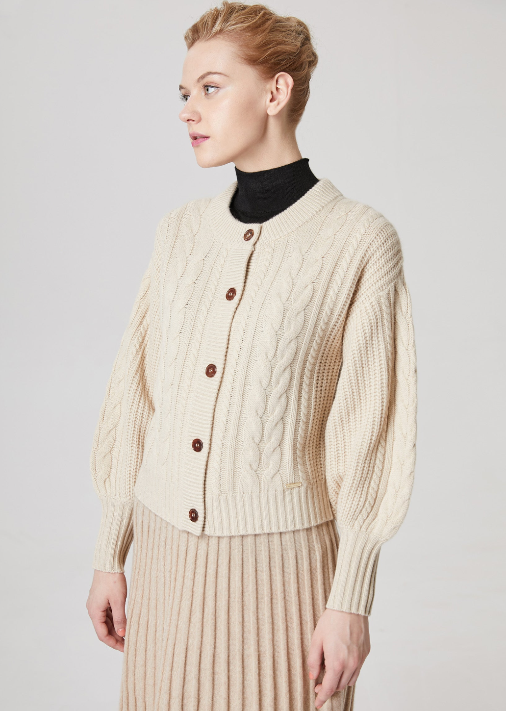 Round Neck Cardigan with Lantern Sleeves